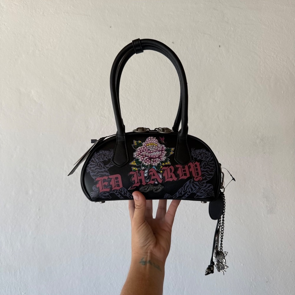 Ed Hardy Mini Bowler Bag‎ Black Rose Rhinestone Tattoo Y2K Purse NWT Charm